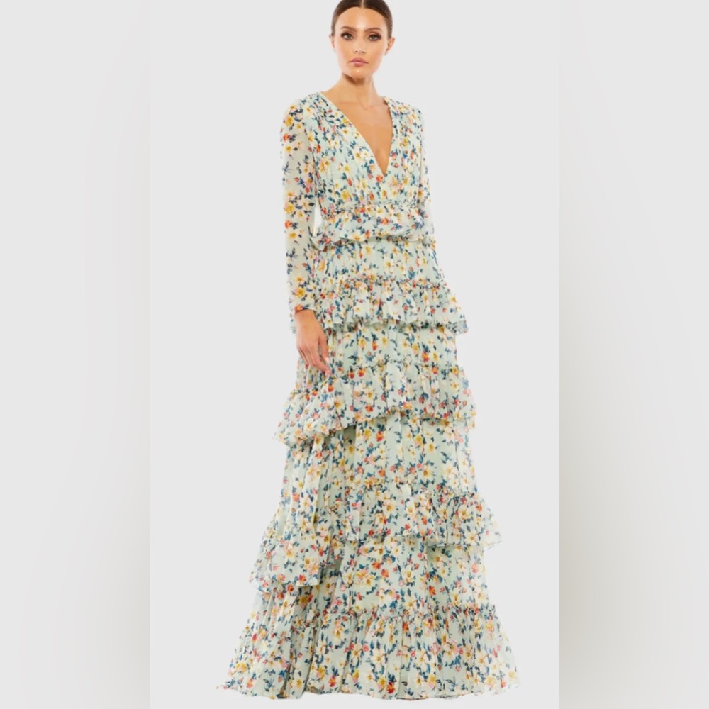 Mac Duggal Green Floral Printed Tiered Ruffle Long Sleeve Gown Size 14 NWT
